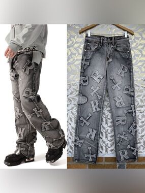 Racer Worldwide Distressed Patchwork Jeans Goth Grunge Y2K Streetwear 26